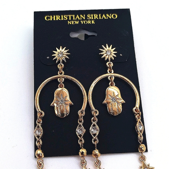 $59 Christian Siriano Hamsa Hands CZ Cubic Zirconia Drop Earrings in Gold - Picture 2 of 3